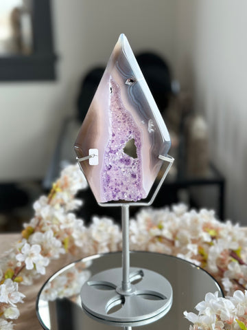 Agate Diamond (natural cut base) with Amethyst Druzy- comes with stand
