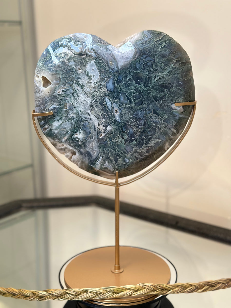 XL Moss Agate Heart- comes with stand