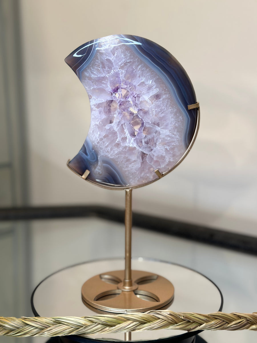 Agate Moon with Amethyst Druzy- comes with stand