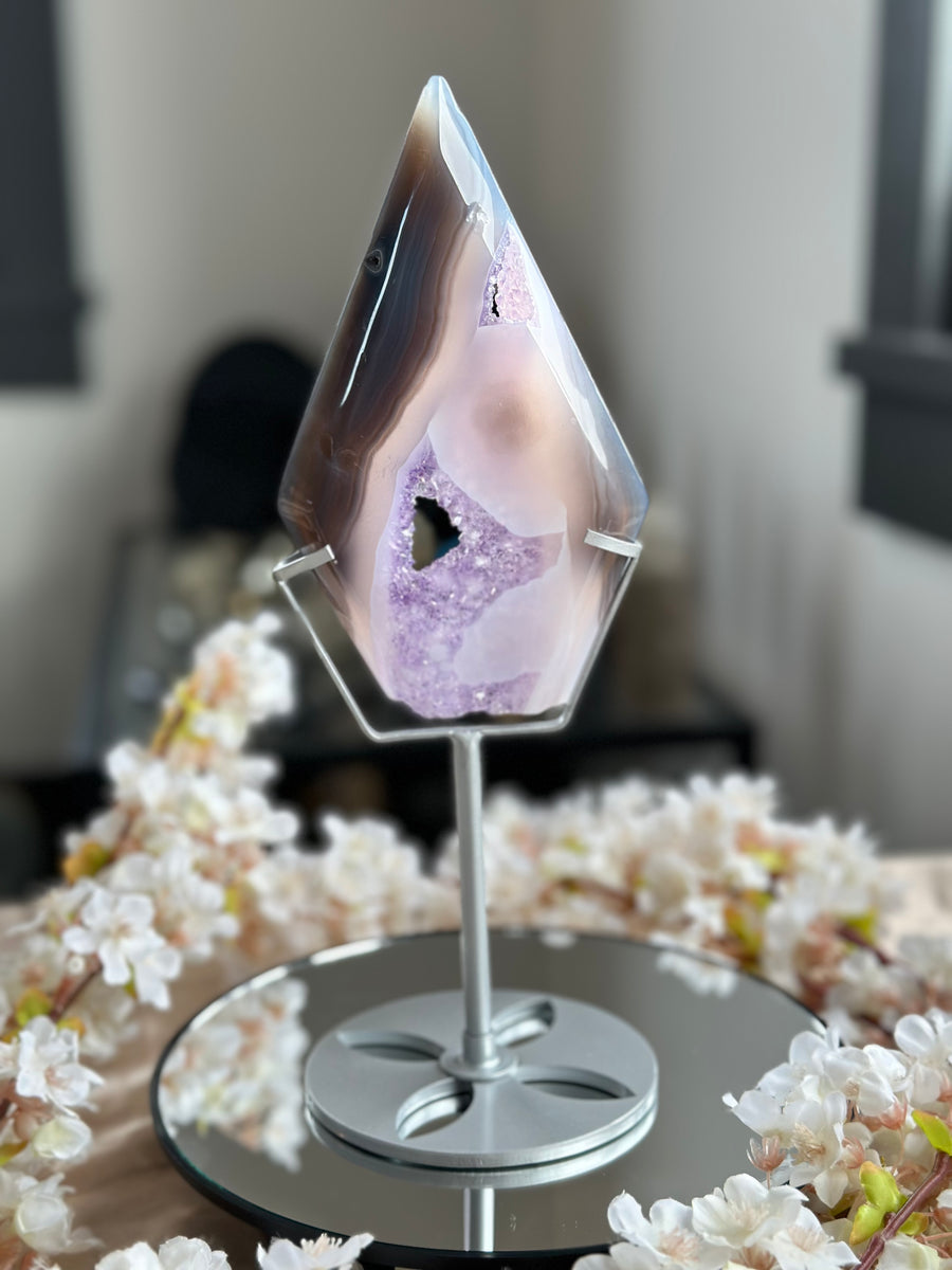 Agate Diamond (natural cut base) with Amethyst Druzy- comes with stand